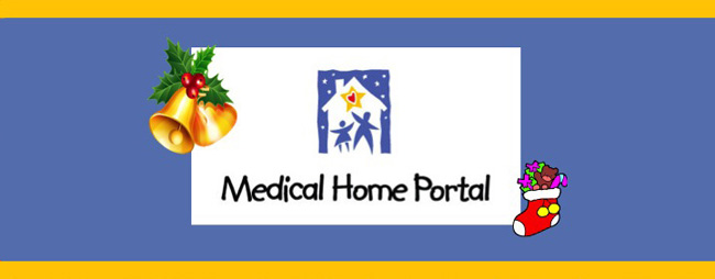 medical home portal logo with stocking and bells with holly around it