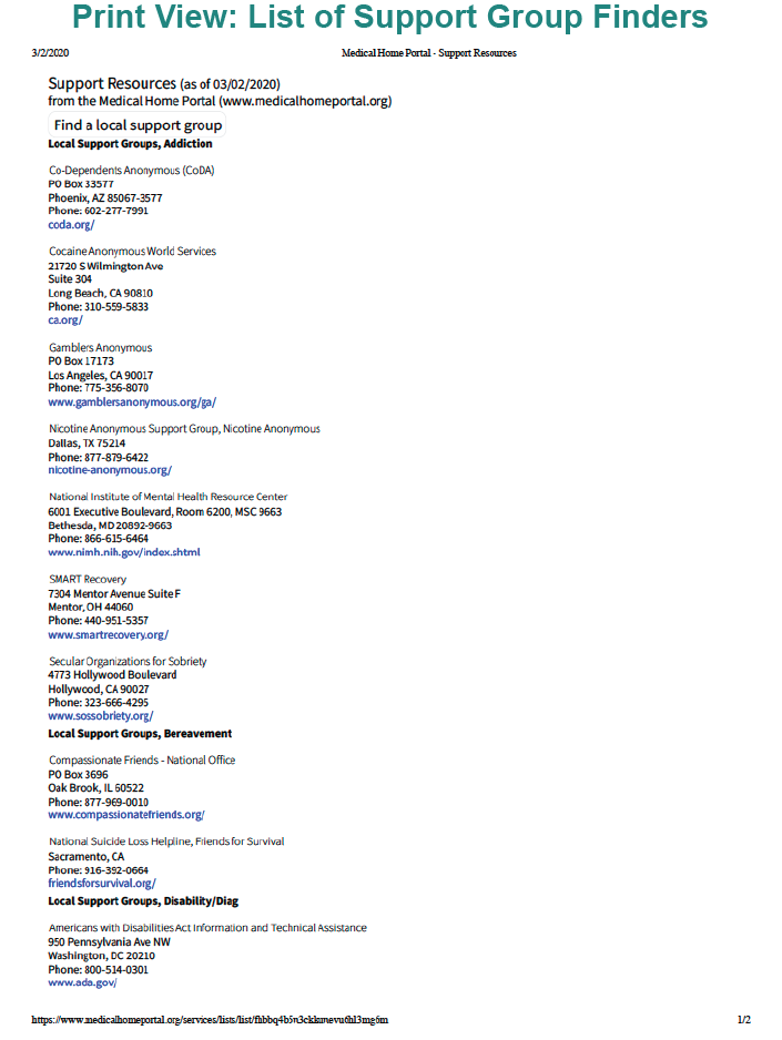 Print view: list of support group Finders. Screenshot of Medical Home Portal custom list