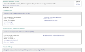 screenshot: Pediatric Provider Finders list with list description and service providers